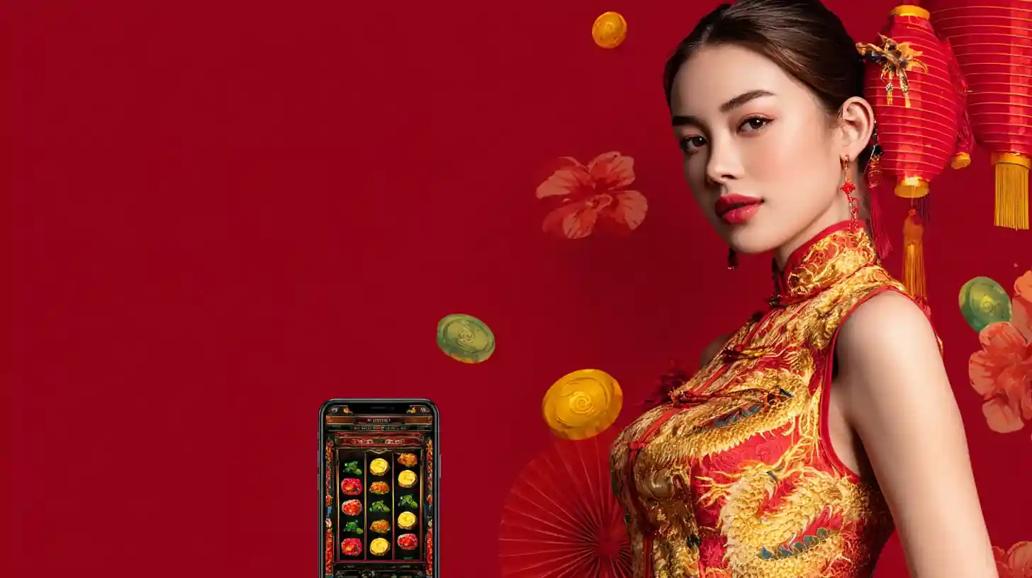 ผู้หญิงสวยในชุดแดงถือมือถือแสดงเกมสล็อตแบบจีน