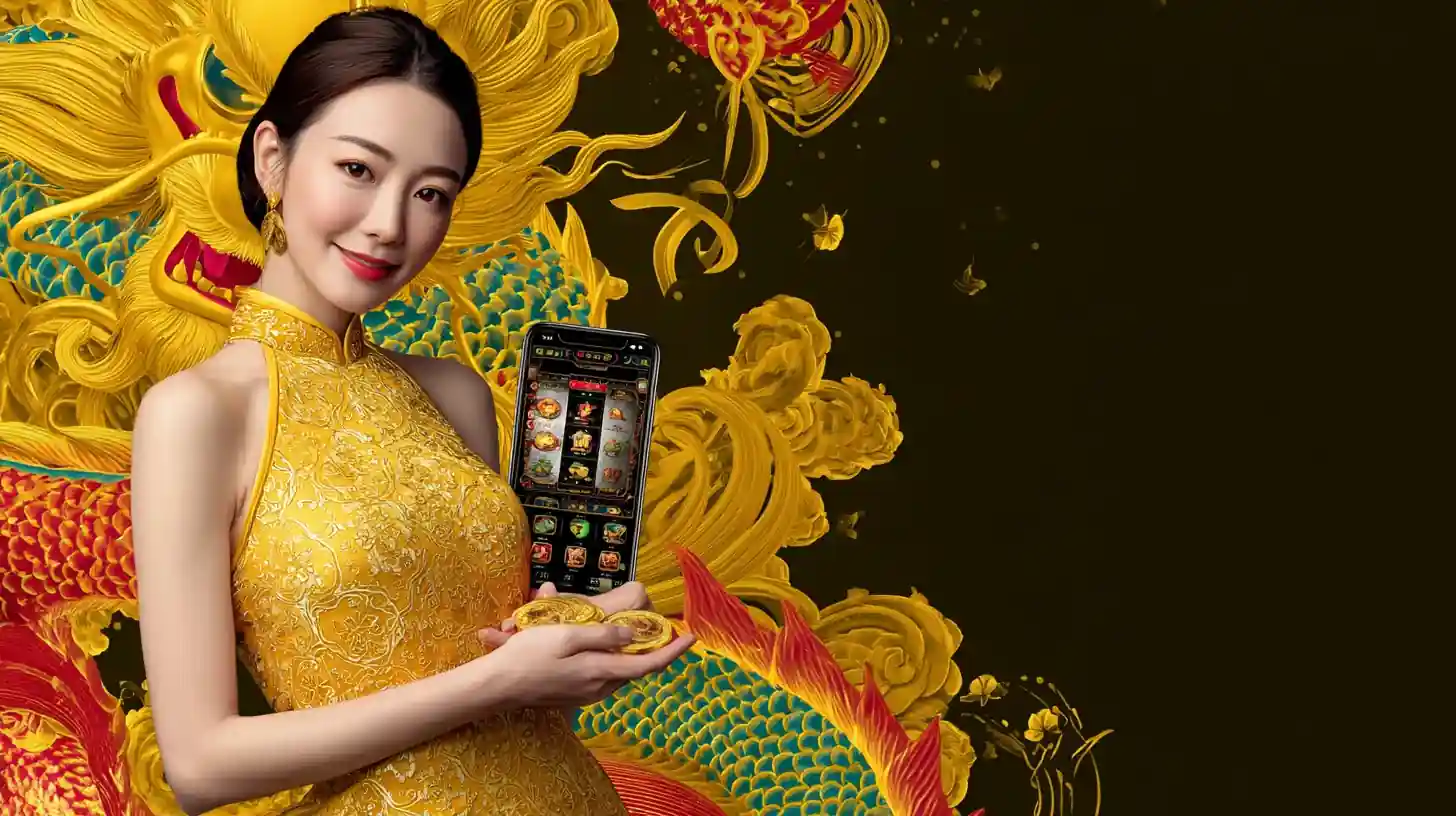 ผู้หญิงชาวเอเชียใส่ชุดเหลืองถือมือถือและเหรียญทองในธีมมังกร