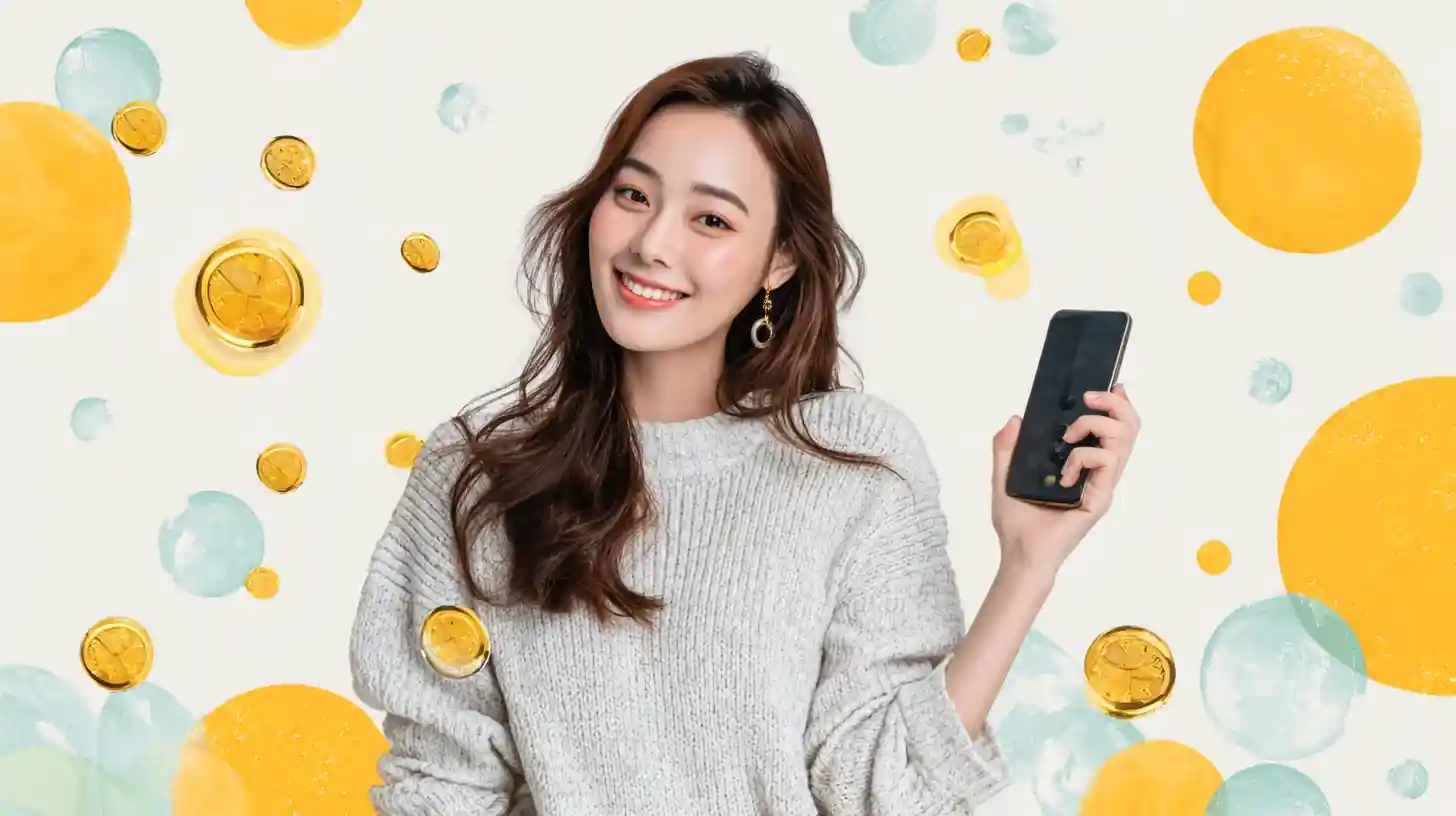 ผู้หญิงไทยยิ้มแย้มถือสมาร์ทโฟนและเหรียญทองลอยรอบๆ